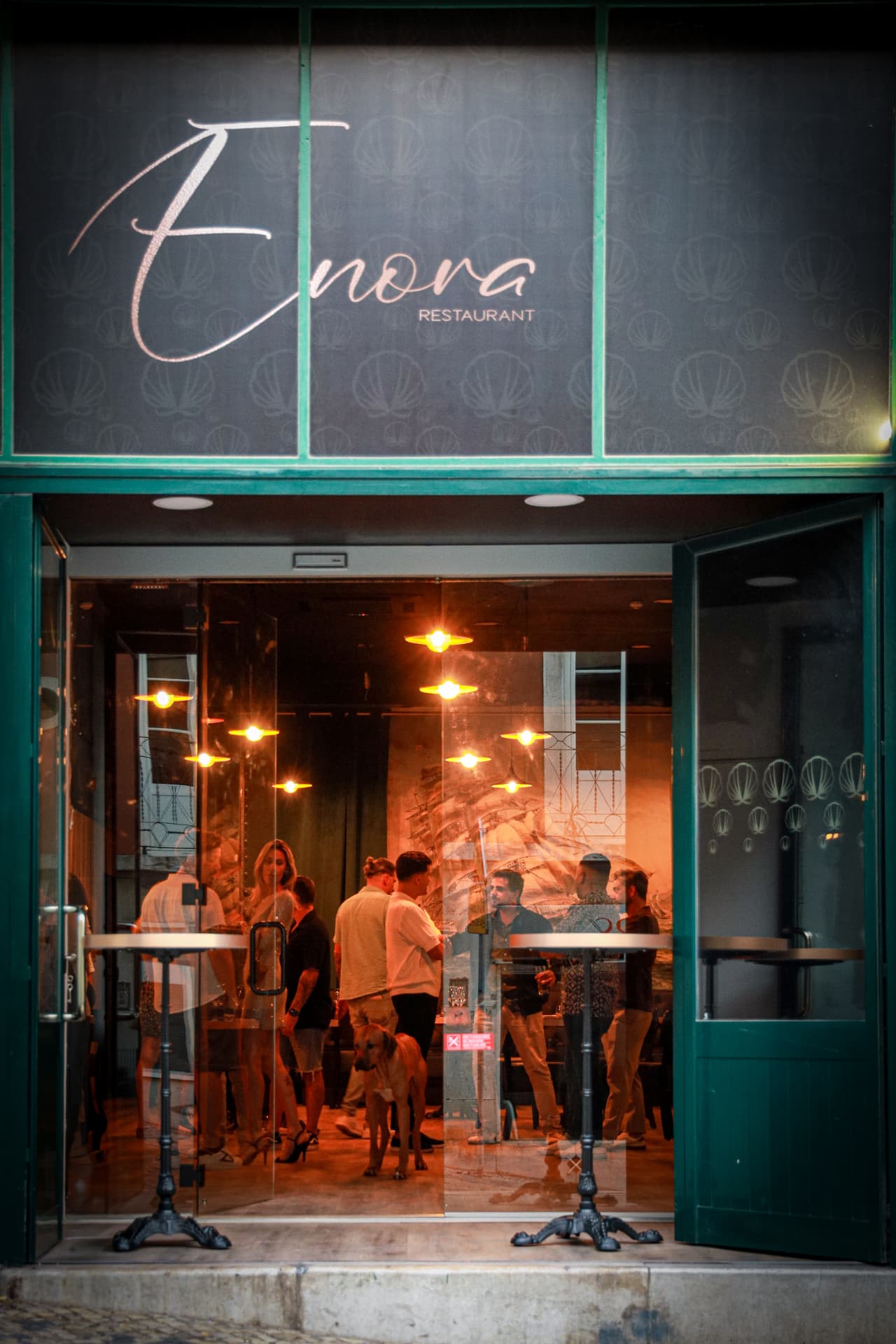 Entrance to Enora restaurant in central Lisbon during an evening service